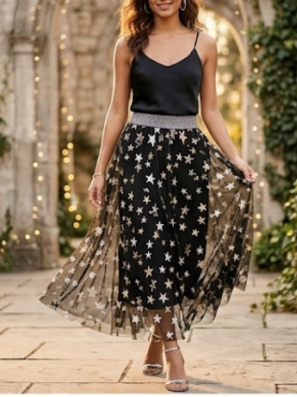iROO Metallic Gold Silver Star Tulle Maxi Skirt Sz 38 NWOT